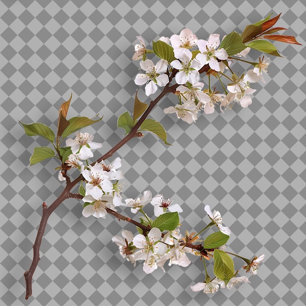 PSD flowering cherry branch slender and arching with pinkish whi isolated tree branch on clean bg