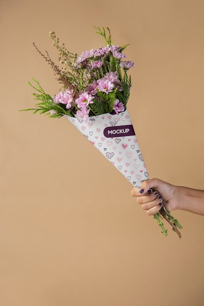 PSD flowers bouquet packaging cone mock-up