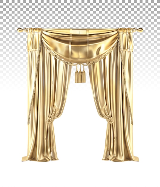 PSD flowing gold window curtains isolated on transparent background