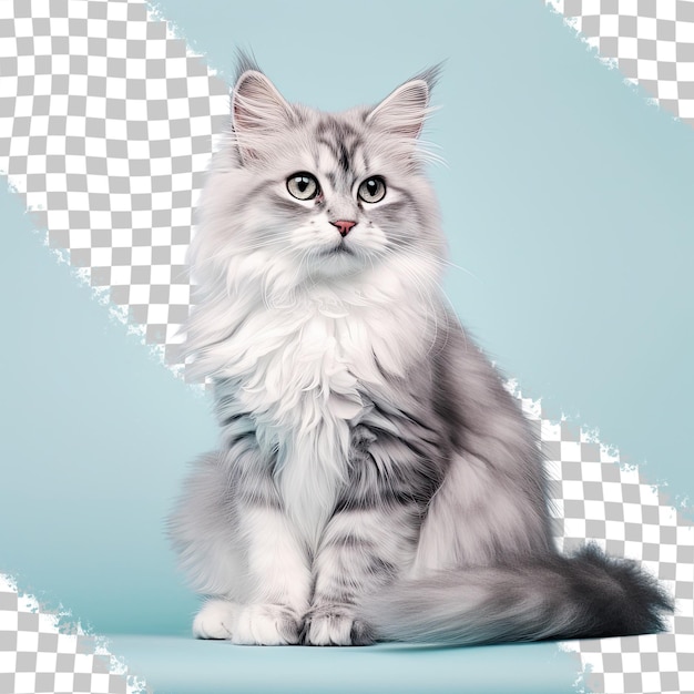 fluffy white cat seated transparent background