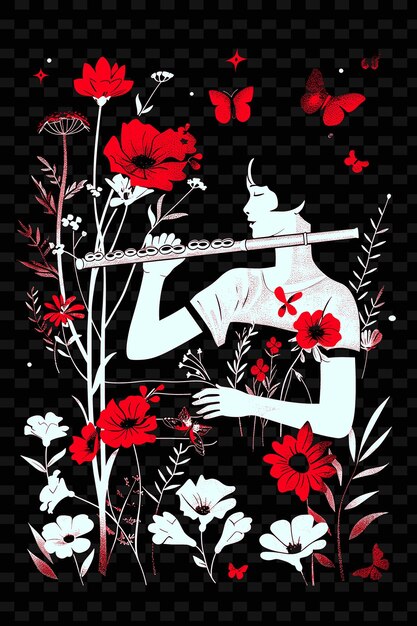 Flutist in a Tranquil Garden With Blooming Flowers and Butte Vector Illustration Music Poster Idea