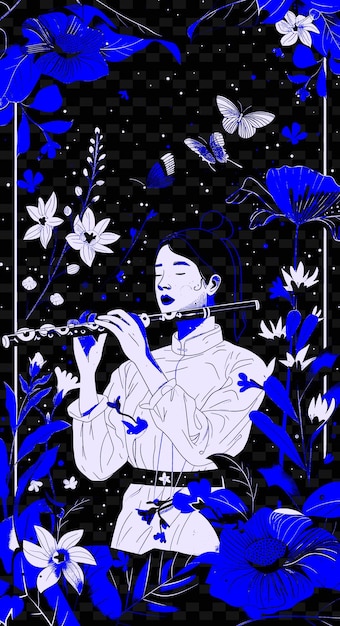 Flutist in a Tranquil Garden With Blooming Flowers and Butte Vector Illustration Music Poster Idea