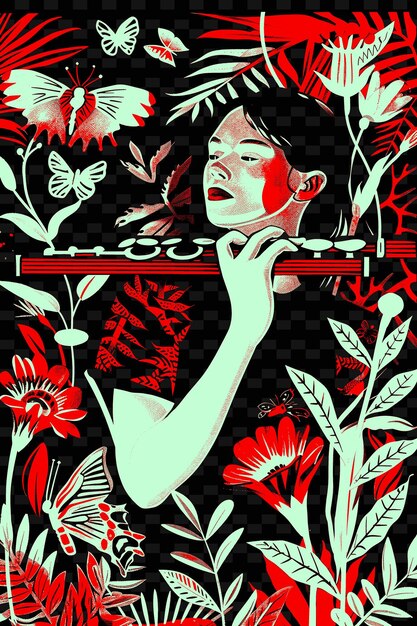 Flutist in a Tranquil Garden With Blooming Flowers and Butte Vector Illustration Music Poster Idea