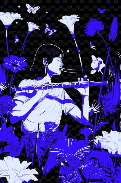 Flutist in a Tranquil Garden With Blooming Flowers and Butte Vector Illustration Music Poster Idea