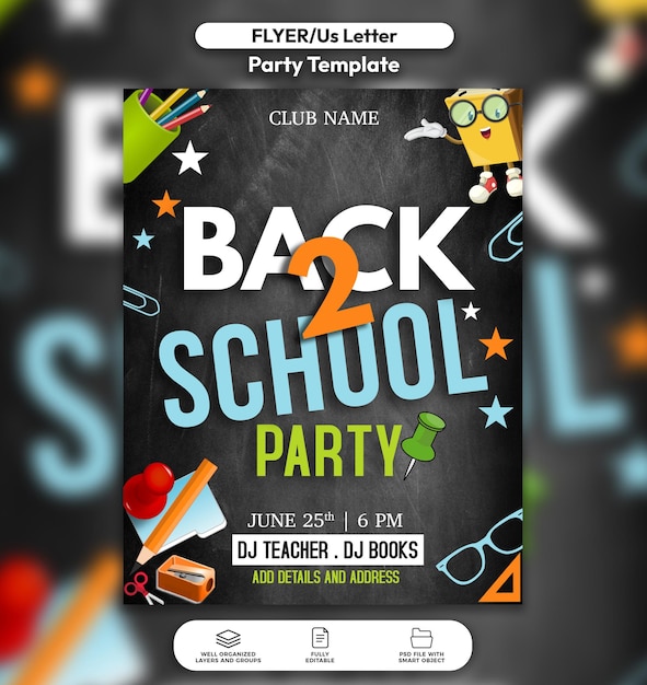 PSD a flyer for back to school party with a chalkboard background.