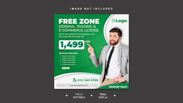 A flyer for a business that says free zone general trading a e commerce license.