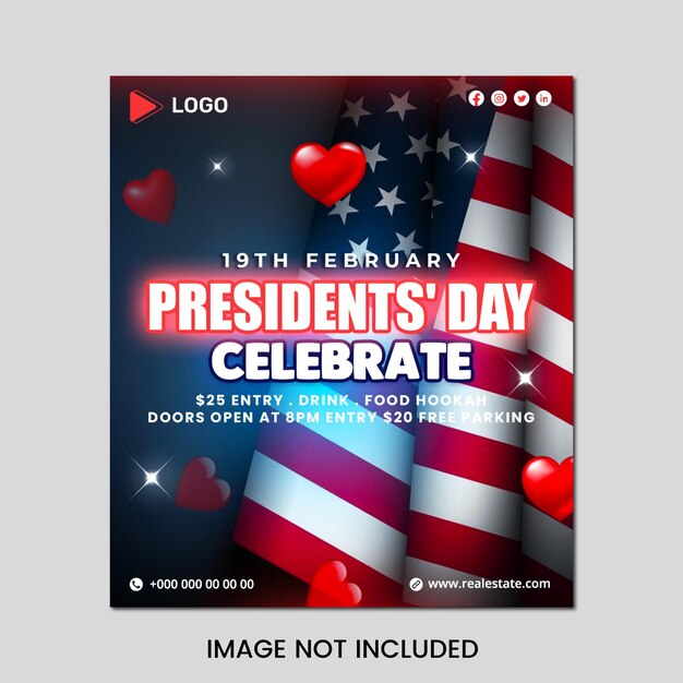 Flyer concept for presidents day with social media banner or instagram post template