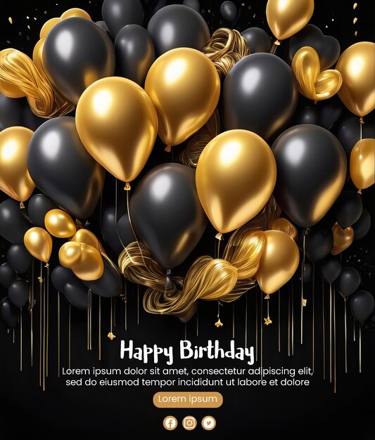 Flyer design with gold balloon and curtain illustration