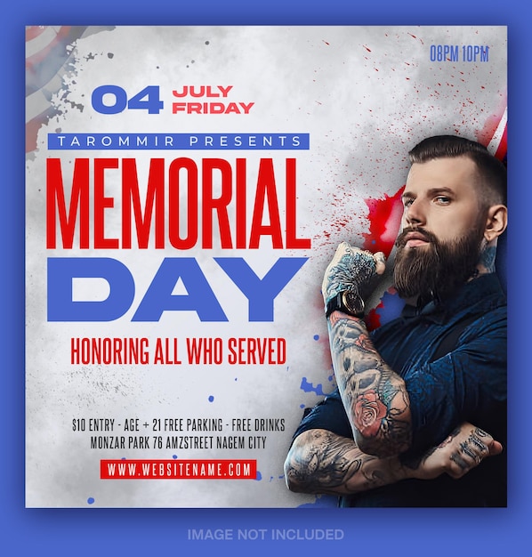 A flyer for memorial day that is on a blue background