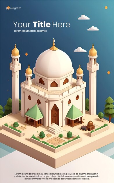 Flyer template design with Mosque theme 3d illustration