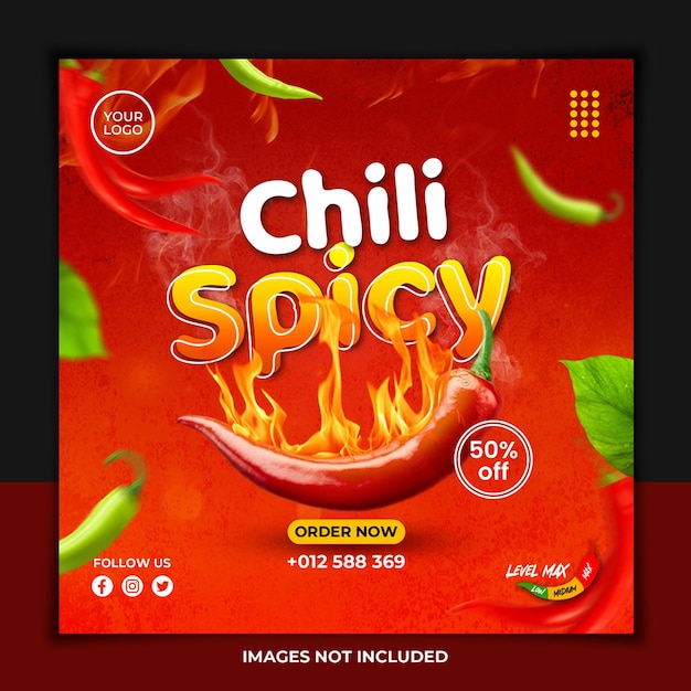 PSD flyer template spicy red chilies with red background and fire