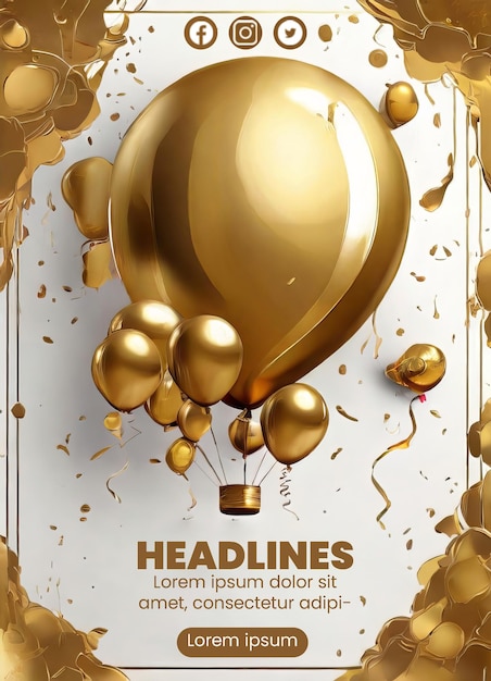 Flyer template with abstract gold balloon illustration