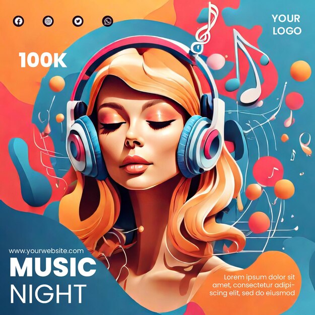 Flyer template with woman listening to music illustration