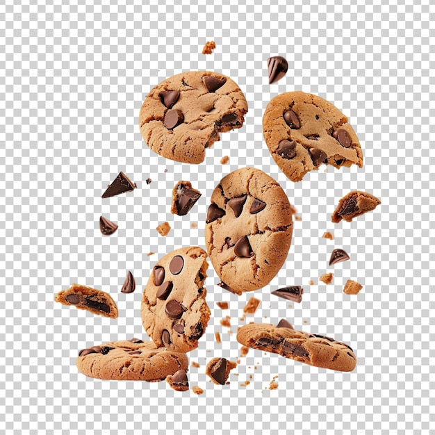 Flying chocolate chip cookies isolated on transparent background