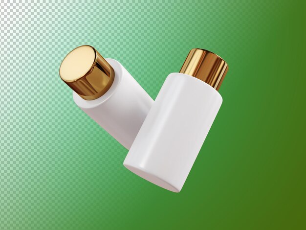 Flying Cosmetic Bottles with golden cap on transparent background