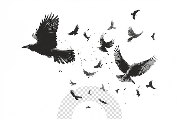 PSD flying crows black vector birds on white background in transparent background