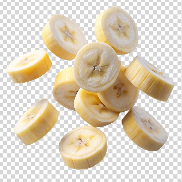 Flying delicious banana slices cut out Isolated on transparent background