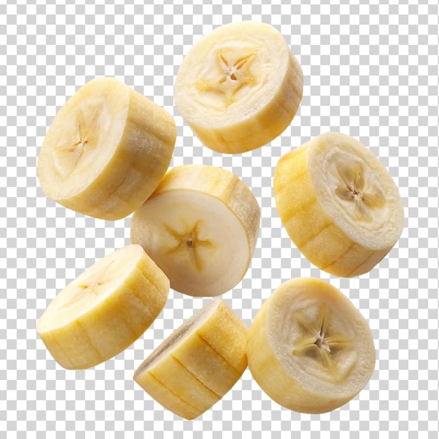 Flying delicious banana slices cut out Isolated on transparent background