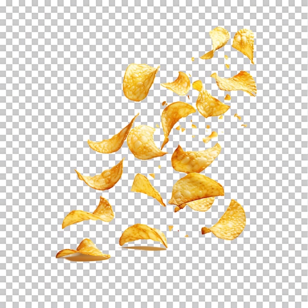 PSD flying and falling crispy potato chips against a transparent background