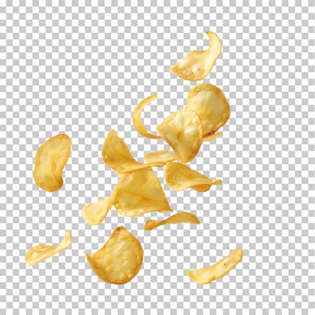 PSD flying and falling crispy potato chips against a transparent background