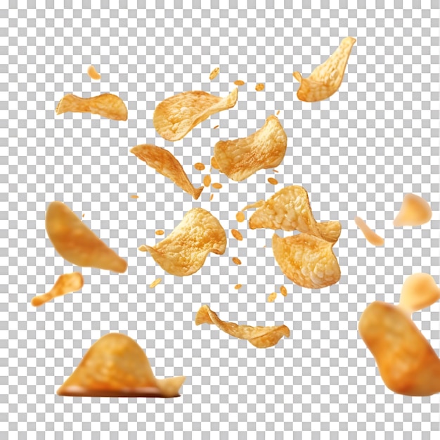 PSD flying and falling crispy potato chips against a transparent background