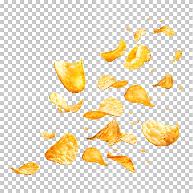 Flying and falling crispy potato chips on transparent background