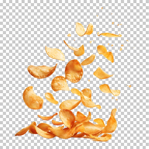 Flying and falling crispy potato chips on transparent background