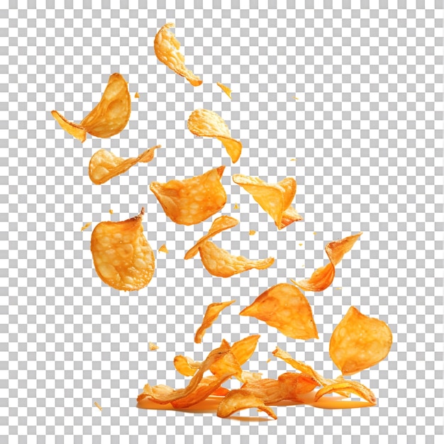 Flying and falling crispy potato chips on transparent background