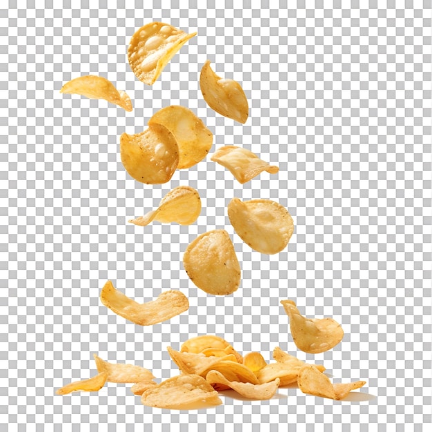 Flying and falling crispy potato chips on transparent background