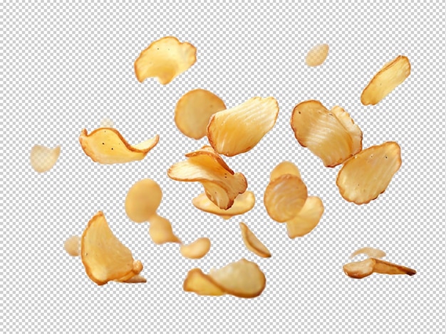 PSD flying and falling crispy potato chips on a transparent background