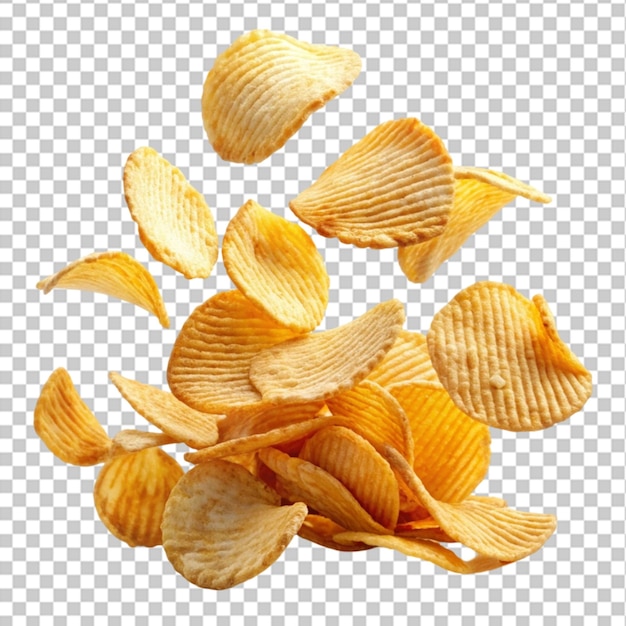 PSD flying and falling crispy potato chips on a transparent background