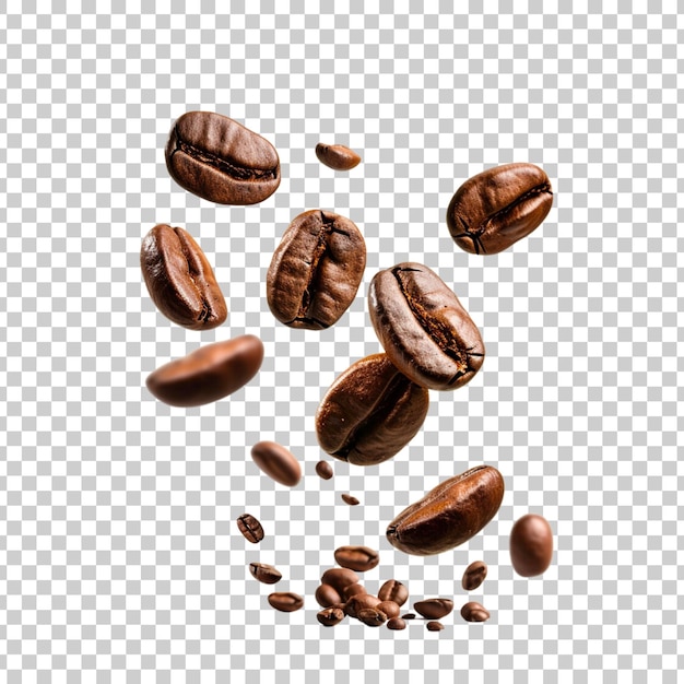 Flying and falling fresh coffee beans on a transparent background