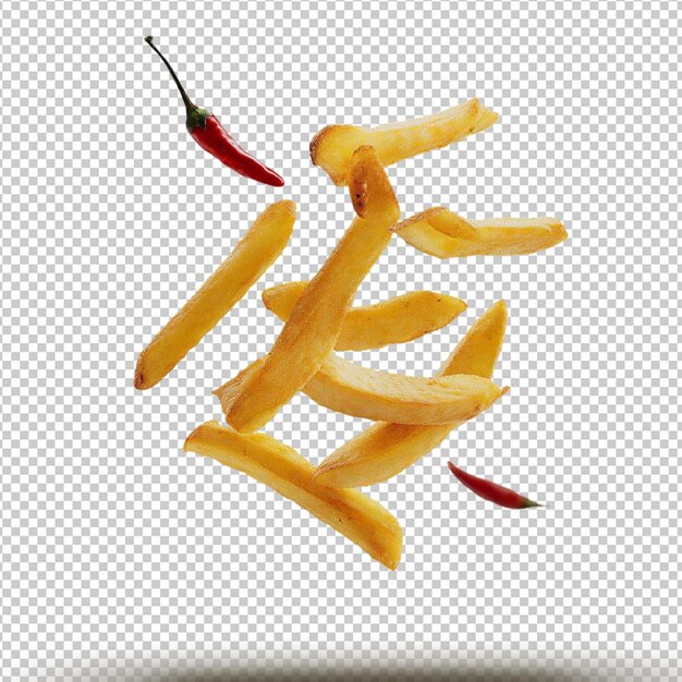 PSD flying french fries with chilis isolated on transparent background