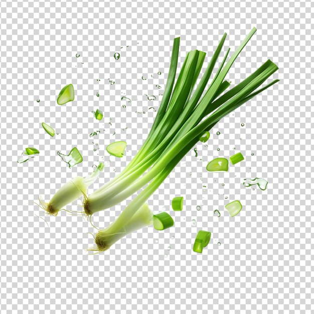 Flying fresh green onions isolated on transparent background