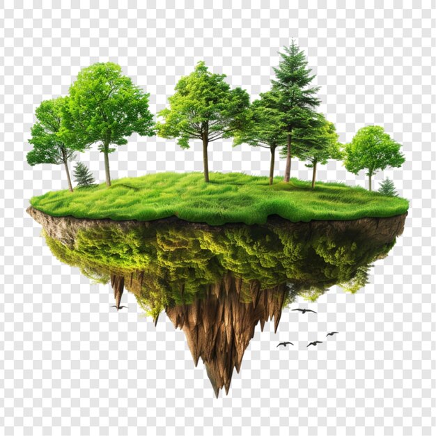 PSD flying green forest 3d island with trees green grass mountains isolated on transparent background