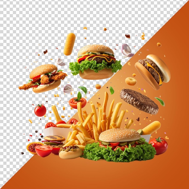 Flying hamburger fast food dishes on transparent background