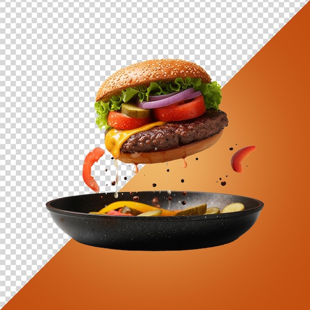 flying Homemade burger in a frying pan on transparent background