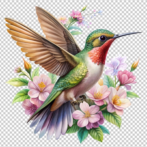 PSD flying hummingbird realistic concept with beautiful flower