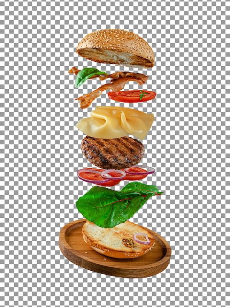 Flying ingredient hamburger on wooden board with transparent background