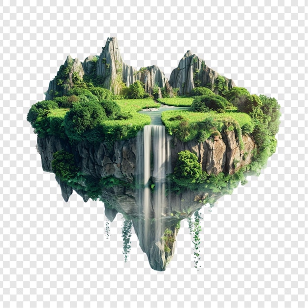 PSD flying island with beautiful landscape and waterfalls mountains isolated on transparent background