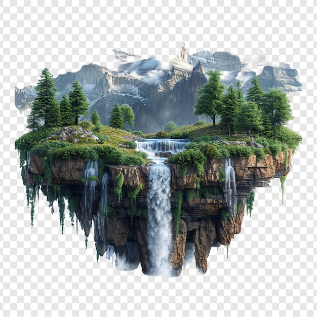 PSD flying island with beautiful landscape and waterfalls mountains isolated on transparent background