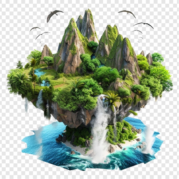 Flying island with beautiful landscape and waterfalls mountains Isolated on Transparent Background