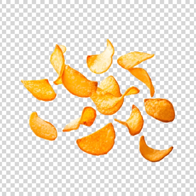 PSD flying potato chips isolated on a transparent background