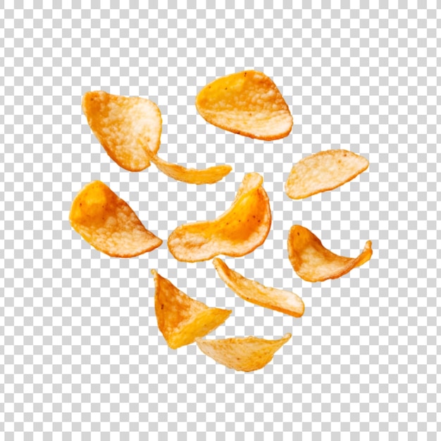 PSD flying potato chips isolated on a transparent background