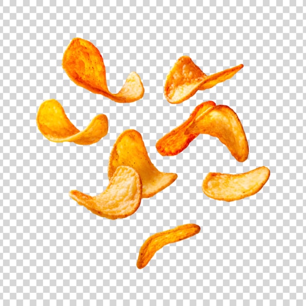 PSD flying potato chips isolated on a transparent background