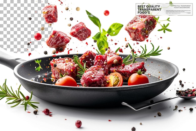 PSD flying raw beef steaks with herbs oil and spices on transparent background