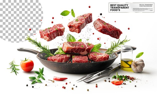 PSD flying raw beef steaks with herbs oil and spices on transparent background