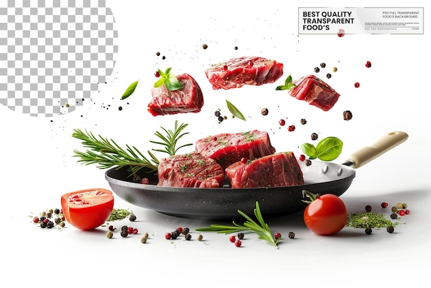 PSD flying raw beef steaks with herbs oil and spices on transparent background