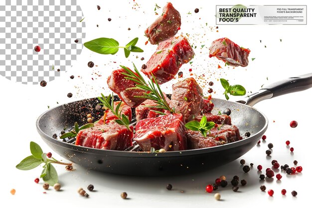 PSD flying raw beef steaks with herbs oil and spices on transparent background