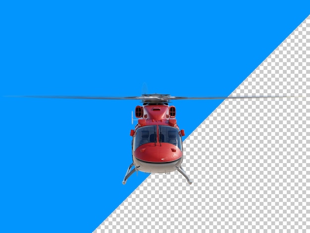 Flying red helicopter front view isolated